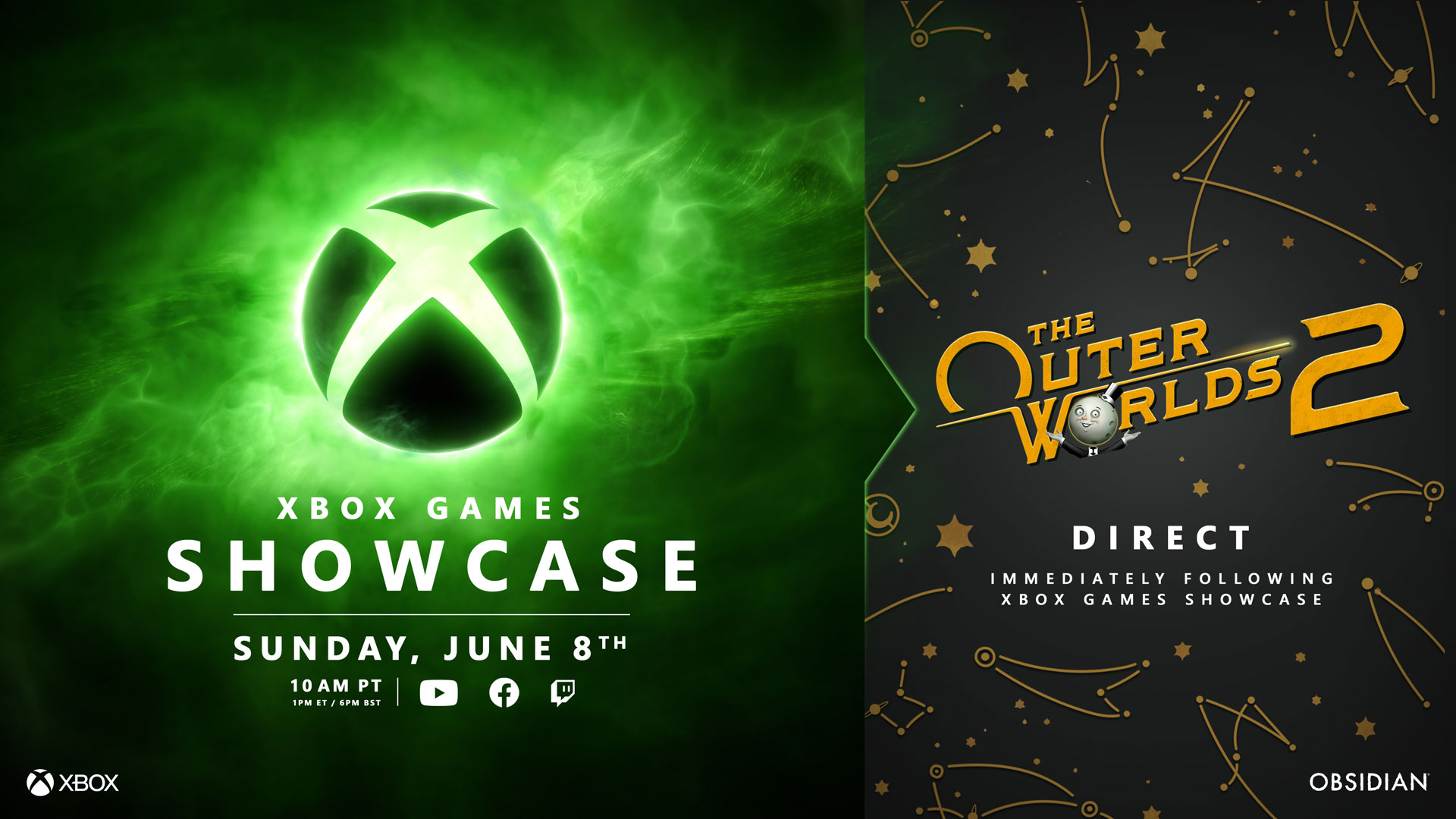 A graphic for the Xbox Games Showcase and The Outer Worlds 2 Direct