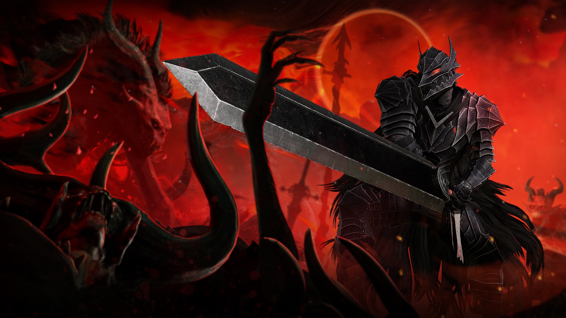 Concept art for the Diablo 4/Diablo Immortal limited-time crossover with Berserk, featuring a character wearing Guts’ Berserker armor and wielding a large sword.