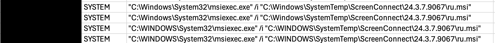 Figure 7: A Windows log file displaying deployment of the attacker’s own ScreenConnect instance