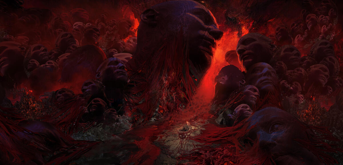 Concept art for the Diablo 4/Diablo Immortal limited-time crossover with Berserk, featuring a bloody landscape decorated with mountains resembling human faces.