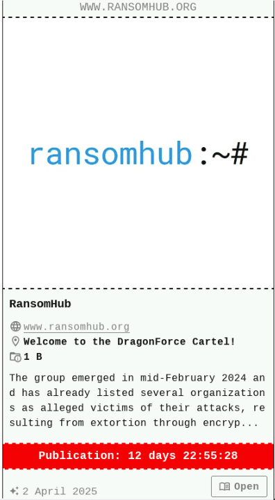 A screen capture showing the DragonForce mention on RansomHub as described in text