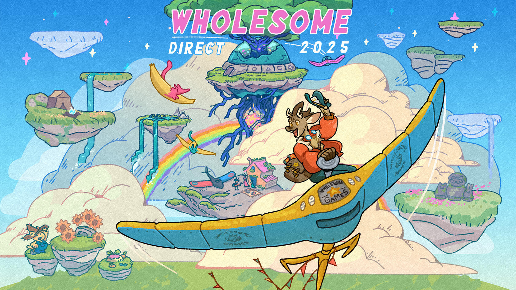 An illustration for Wholesome Direct 2025 featuring cute cartoon characters flying under a blue sky