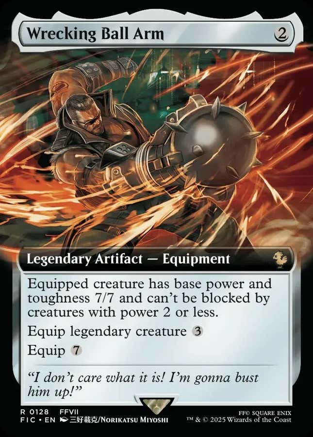 A Magic: the Gathering card shoiws Barret wielding a Wrecking Ball arm.
