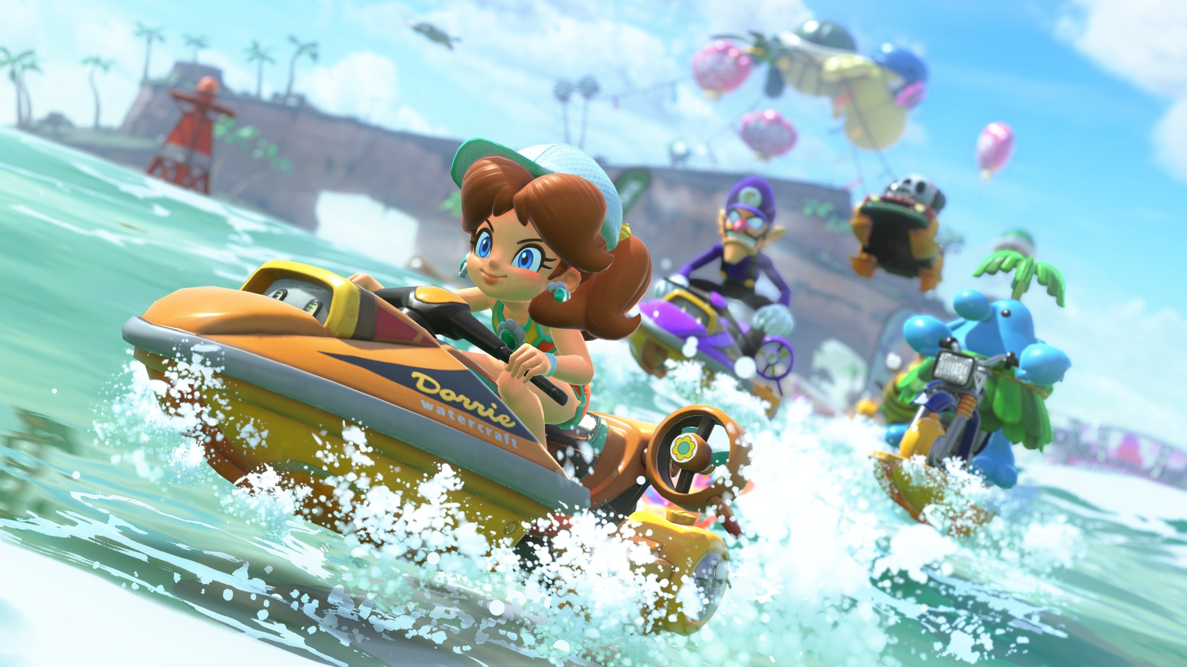 Daisy in swimwear rides a jetski in Mario Kart World