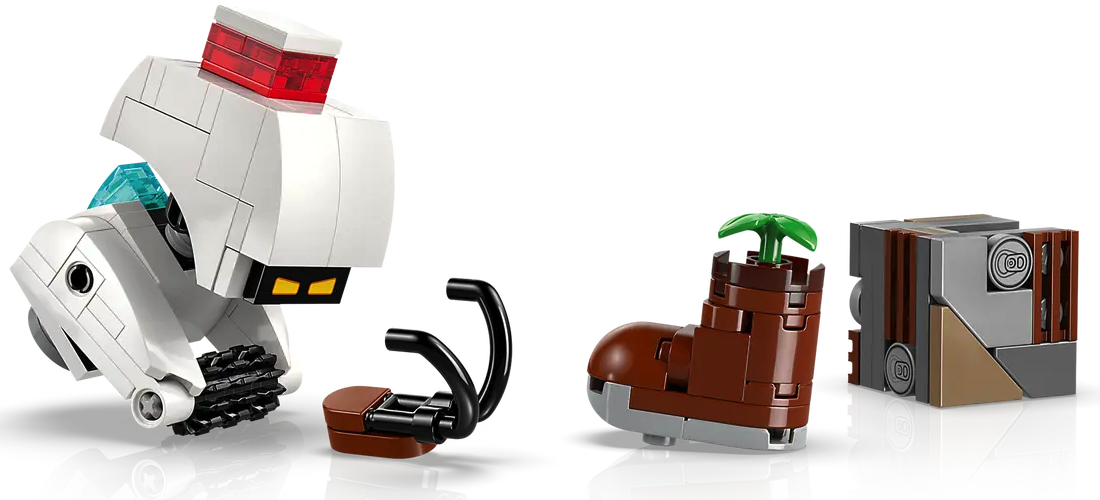 Lego brick-built M-O, Hal, the boot plant, and Garbage Cube