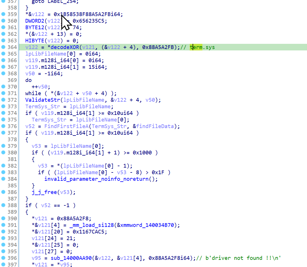 Screenshot of Terminator code that shows a search for a vulnerable driver (term.sys)